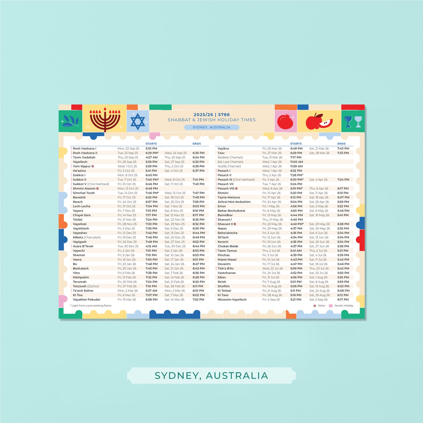 5786 - Shabbat and Jewish Holiday Times Magnet (Sydney)